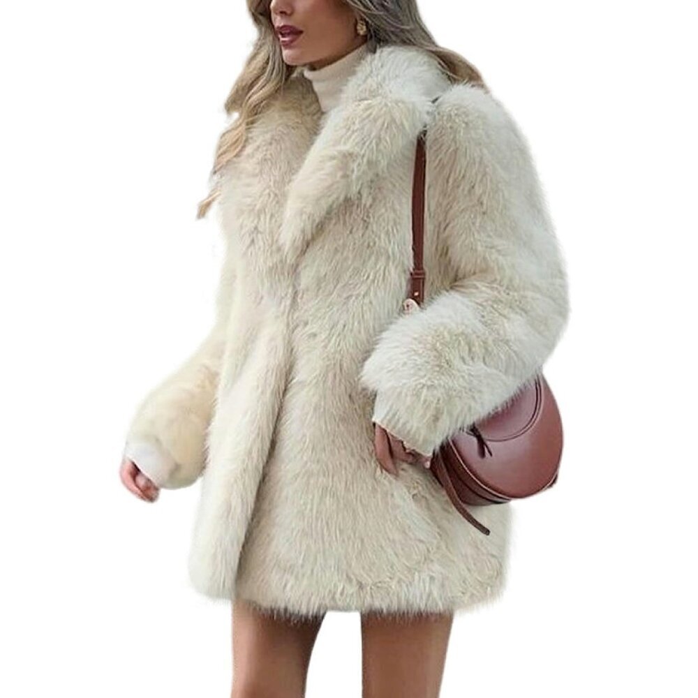 Faux Fur Coat Fluffy Lapel Long Sleeve Winter Warm Outerwear